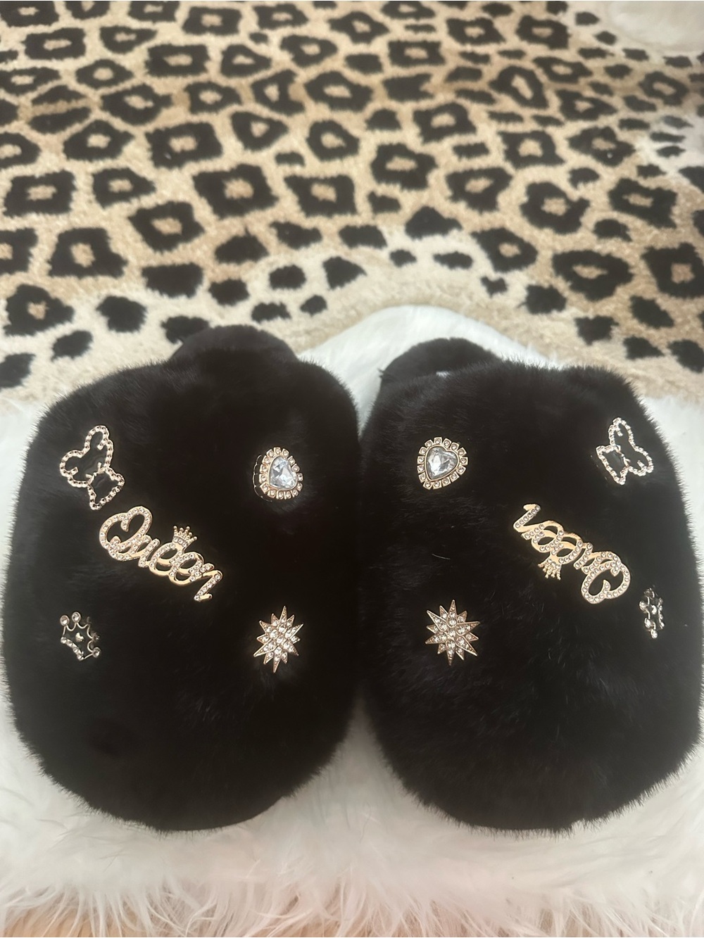 Cozy Black Faux Fur Slippers with Gold Crystal Accents
